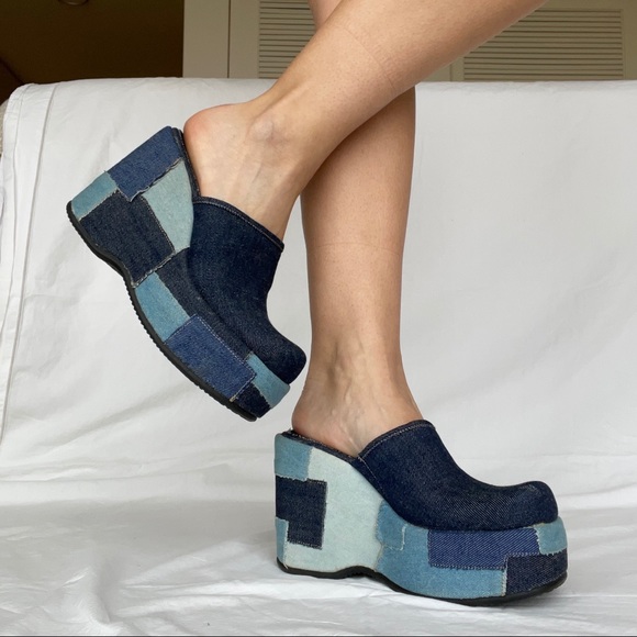 Splash Shoes - Patchwork denim platform mules 7.5